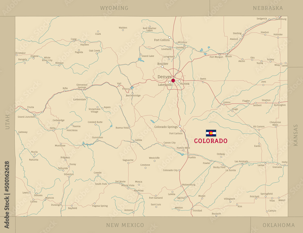 Colorado state road map with interstates, United States. Editable highly detailed transportation map with highways and state roads, rivers and cities realistic vector illustration