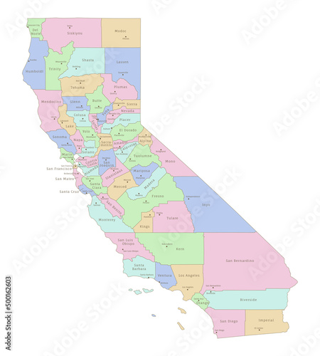 California US state administrative editable map in colors. American federal state highly detailed map with territory borders and counties names labeled realistic vector illustration