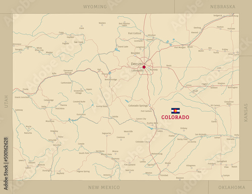 Colorado state road map with interstates, United States. Editable highly detailed transportation map with highways and state roads, rivers and cities realistic vector illustration