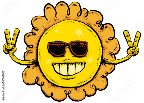 A cartoon of a smiling sun wearing sunglasses and making peace signs with its hands.