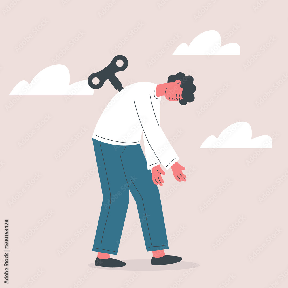 Tired man with wind up key has run out of power Tired man with wind up key has run out of power