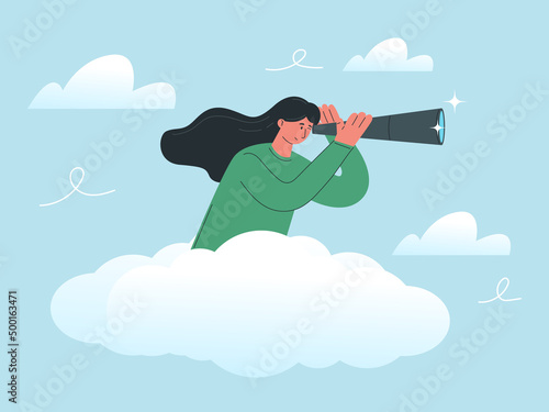Businesses marketing concept, woman on the clouds using a telescope