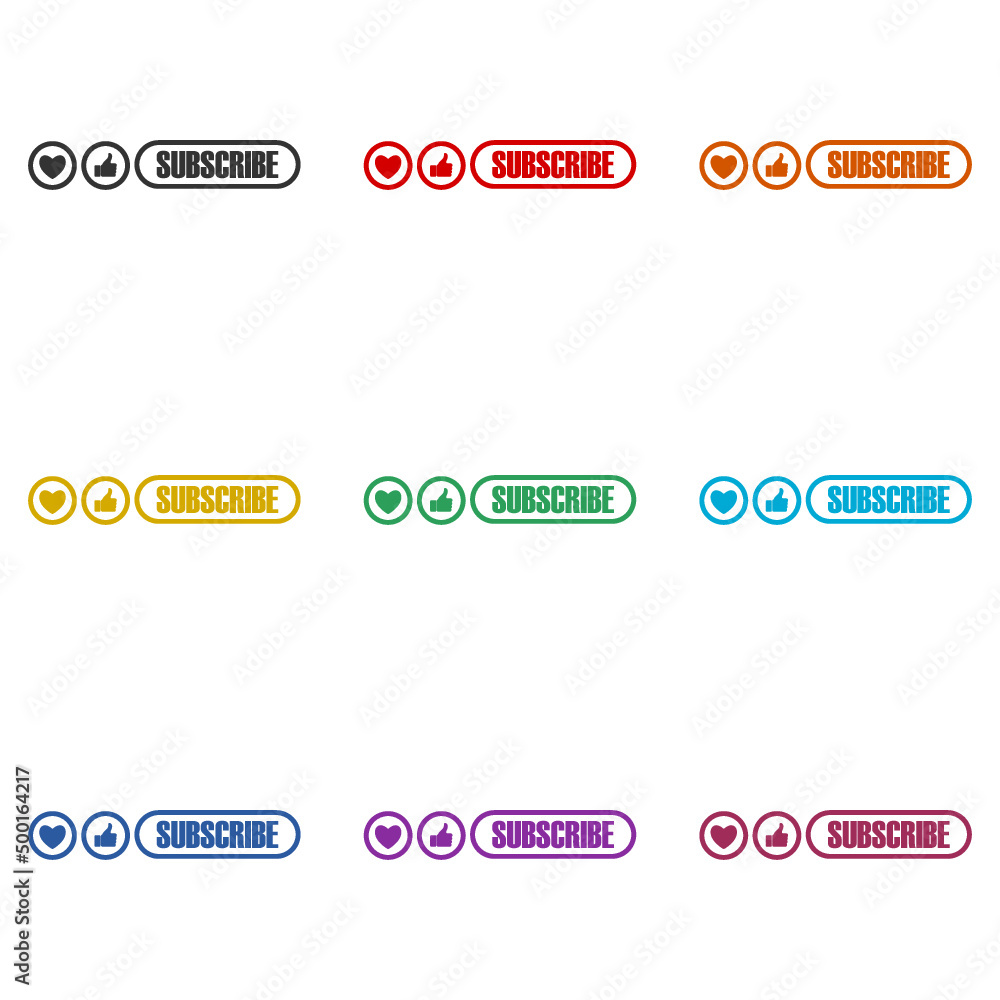 Subscribe icon. Like and subscribe button color set Subscribe icon. Like and subscribe button color set