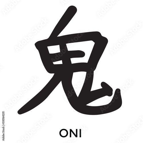 Hand drawn Japanese kanji calligraphic words. translated as tiger, moon, oni,ambition, dragon. black line brush