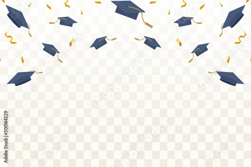 flat flying Graduation caps confetti with gold ribbon illustration photo