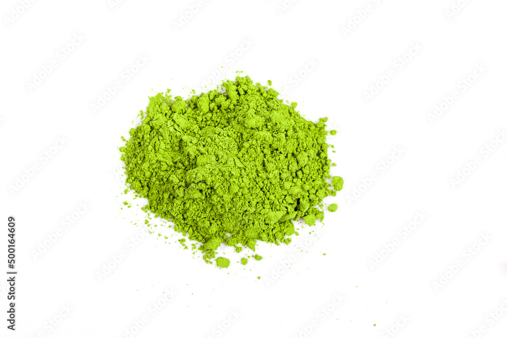 Top view green matcha tea powder isolated on white background Top view green matcha tea powder isolated on white background