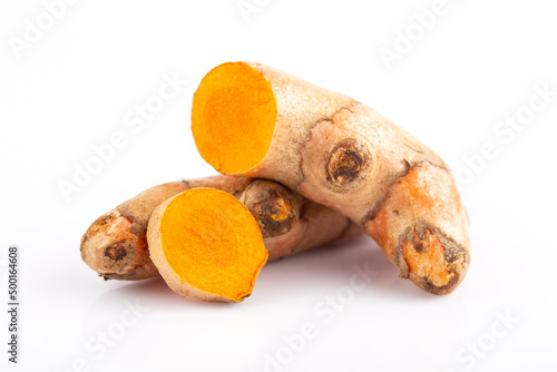 Turmeric powder and turmeric root isolated on white background ,Top view
