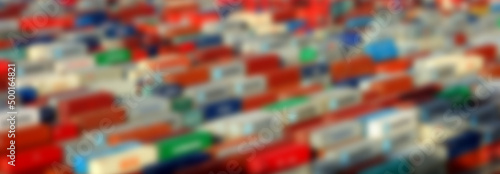 defocused colorful shipping containers yard depot blurred cargo port congestion background banner