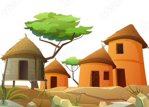 Africa village. Dwellings in rocky desert. Rural houses made of clay and straw. African landscape. Acacia trees. Isolated on white background. Vector