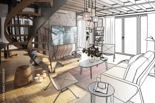 Foto Attic Loft Conversion With Spiral Staircase & Home Cinema (draft) - 3d visualiza