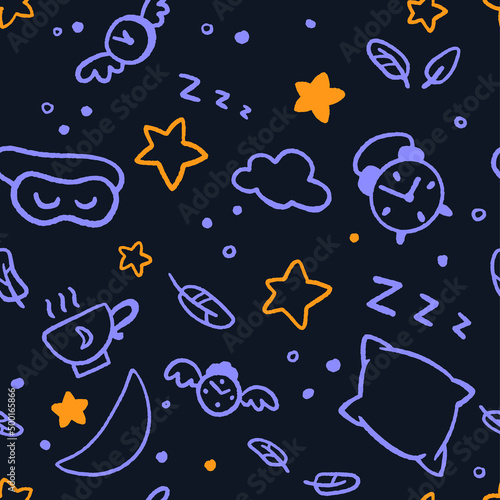 Seamless good night pattern with stars, moon, clouds, fethers and clocks.