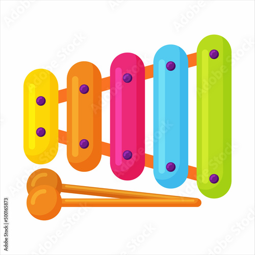Childrens xylophone toy in cartoon style isolated on white background. Xylophone musical instrument. photo