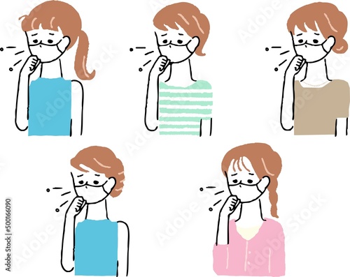 コロナ禍で体調不良の症状があるマスクをしている複数の女性のシンプルなイラスト