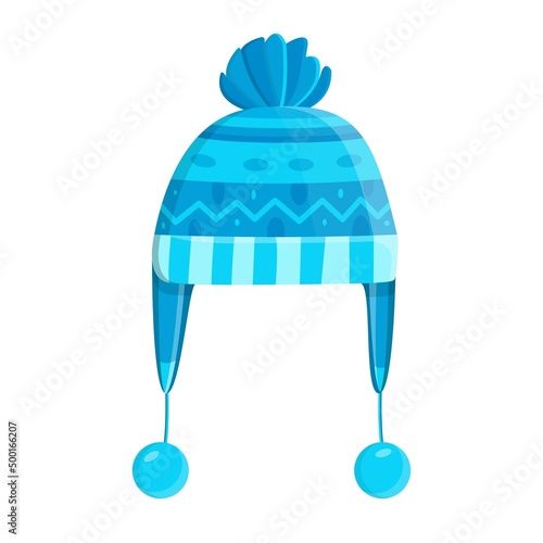 Blue hat icon isolated on a white background. Knitted headdress with two long earflaps and a hat for cold weather. Outerwear. Vector illustration. EPS 10.