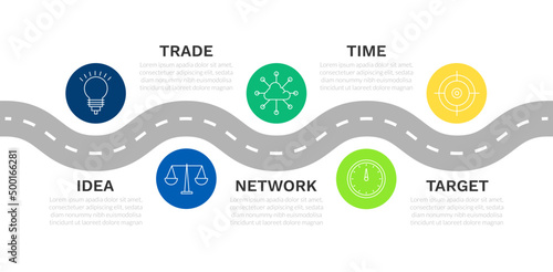 Roadmap timeline infographic design vector with icons. Horizontal row connect network project template for presentation and report.