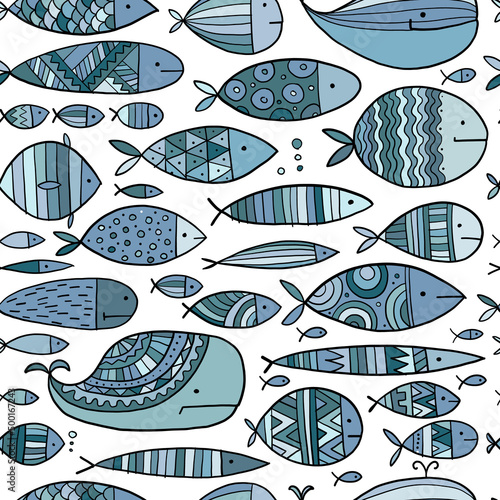 Funny fishes collection, ethnic ornament. Childish style. Seamless pattern fo...