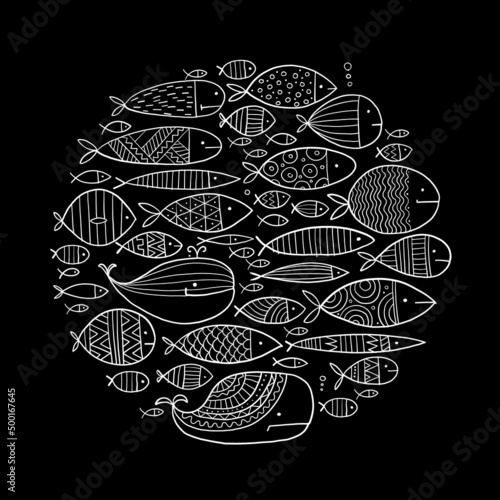 Funny fishes collection, ethnic ornament. Childish style. Art circle frame fo...