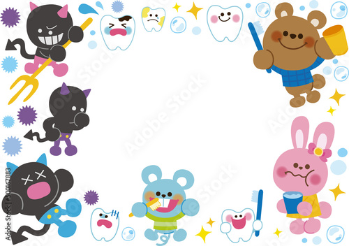 歯みがき大好きな動物といろいろな菌のイラスト