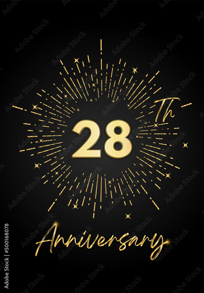 Fototapeta premium 28 years golden anniversary logo celebration with a firework on black background. 28 years anniversary card template. vector design for greeting cards, birthday, wedding events, and invitation card