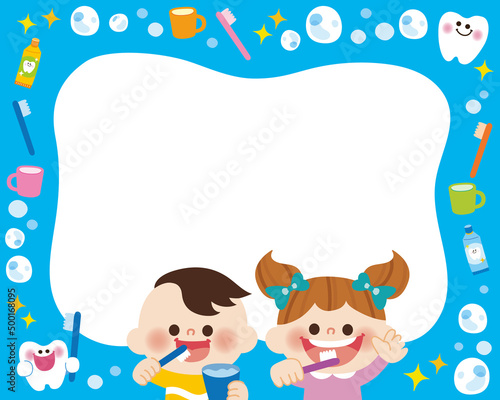 歯磨きをしているこどものフレームのイラスト