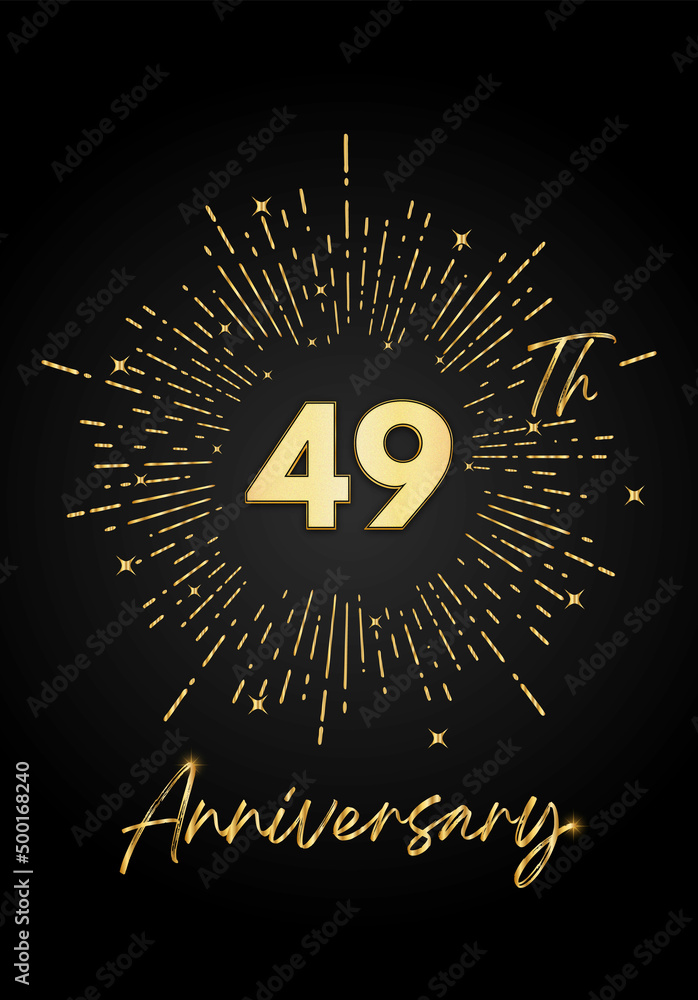 Fototapeta premium 49 years golden anniversary logo celebration with a firework on black background. 49 years anniversary card template. vector design for greeting cards, birthday, wedding events, and invitation card