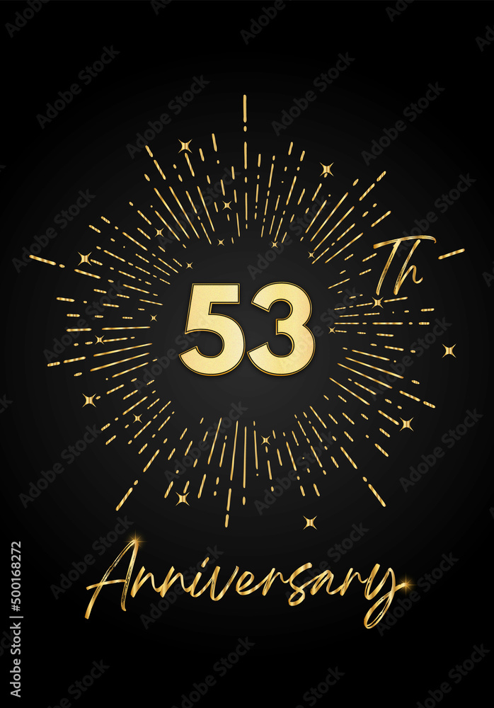 Fototapeta premium 53 years golden anniversary logo celebration with a firework on black background. 53 years anniversary card template. vector design for greeting cards, birthday, wedding events, and invitation card