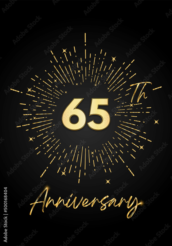 Naklejka premium 65 years golden anniversary logo celebration with a firework on black background. 65 years anniversary card template. vector design for greeting cards, birthday, wedding events, and invitation card