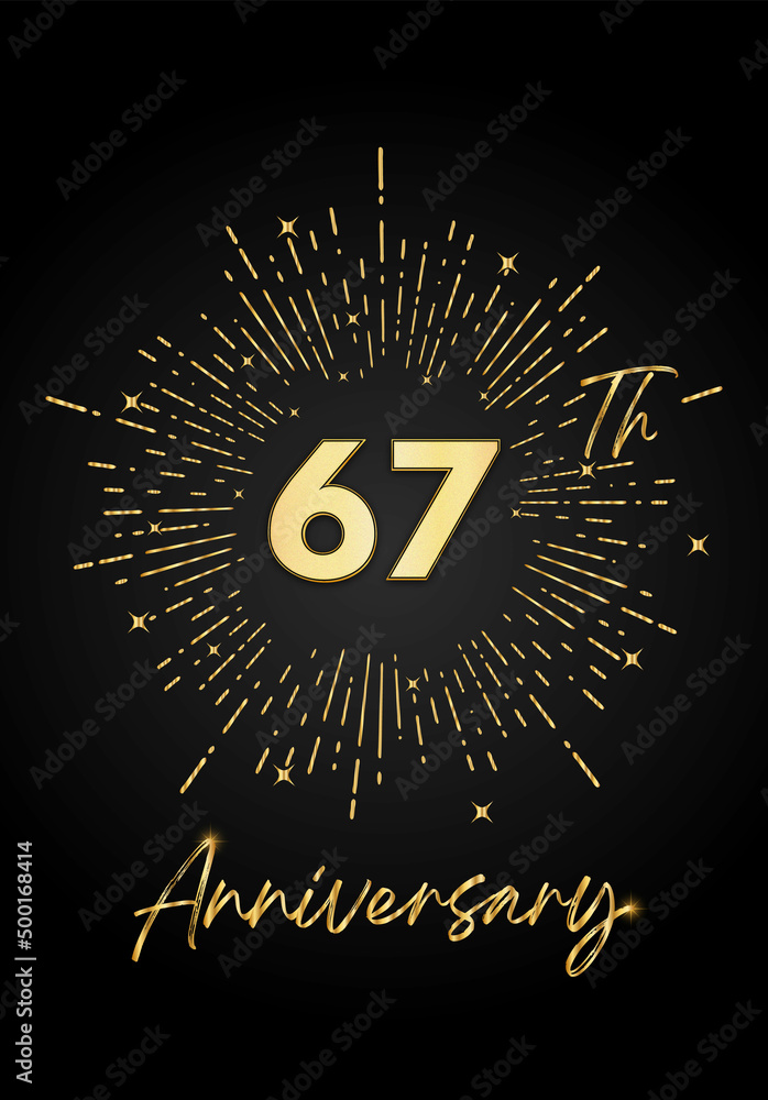 Fototapeta premium 67 years golden anniversary logo celebration with a firework on black background. 67 years anniversary card template. vector design for greeting cards, birthday, wedding events, and invitation card