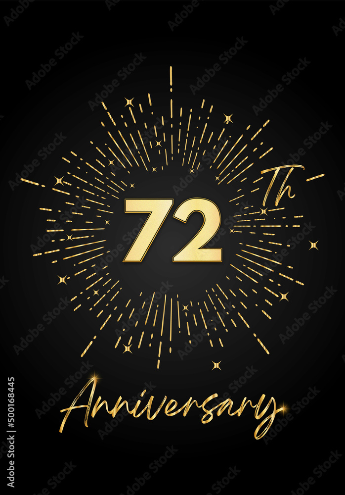Fototapeta premium 72 years golden anniversary logo celebration with a firework on black background. 72 years anniversary card template. vector design for greeting cards, birthday, wedding events, and invitation card