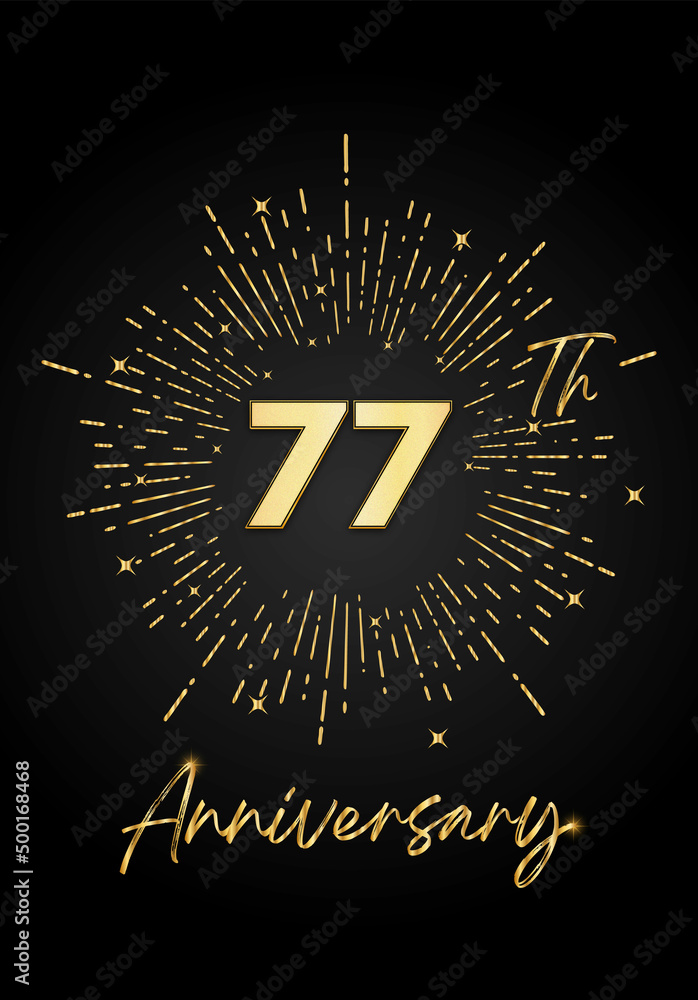 Fototapeta premium 77 years golden anniversary logo celebration with a firework on black background. 77 years anniversary card template. vector design for greeting cards, birthday, wedding events, and invitation card