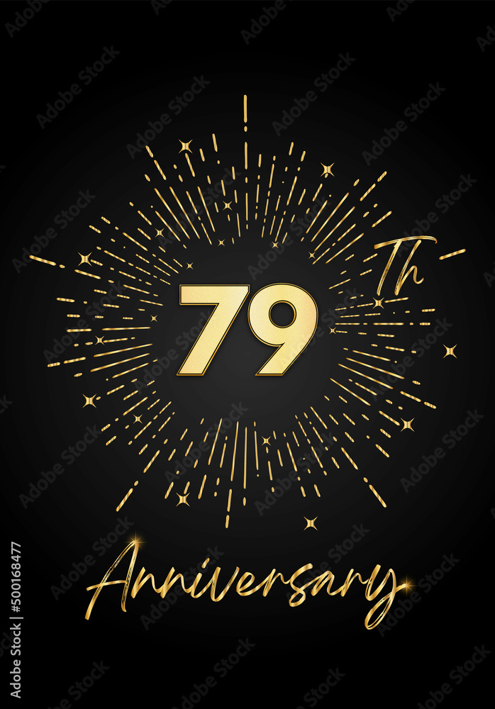 Naklejka premium 79 years golden anniversary logo celebration with a firework on black background. 79 years anniversary card template. vector design for greeting cards, birthday, wedding events, and invitation card