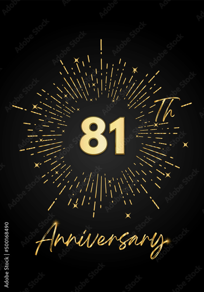 Naklejka premium 81 years golden anniversary logo celebration with a firework on black background. 81 years anniversary card template. vector design for greeting cards, birthday, wedding events, and invitation card