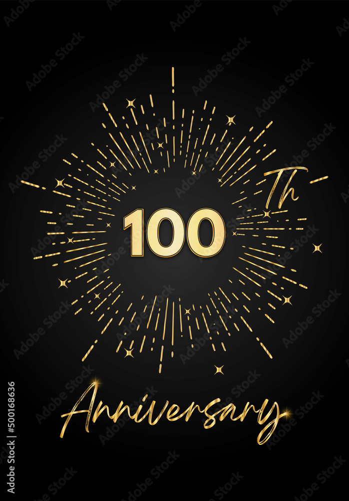 100 years golden anniversary logo celebration with a firework on black background. 100 years anniversary card template. vector design for greeting cards, birthday, wedding events, and invitation card 100 years golden anniversary logo celebration with a firework on black background. 100 years anniversary card template. vector design for greeting cards, birthday, wedding events, and invitation card
