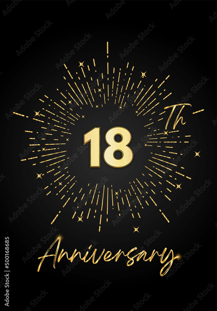 Naklejka premium 18 years golden anniversary logo celebration with a firework on black background. 18 years anniversary card template. vector design for greeting cards, birthday, wedding events, and invitation card