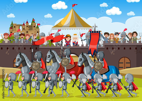 Outdoor scene with medieval knights with villagers