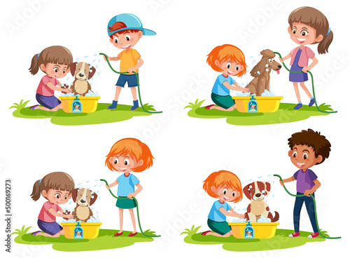 A set of boy and girl take a dog bath