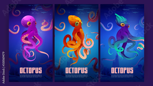 Posters with octopuses underwater in sea. Vector vertical banners with cartoon illustration of ocean bottom landscape with giant marine animals with suckers on tentacles in blue water