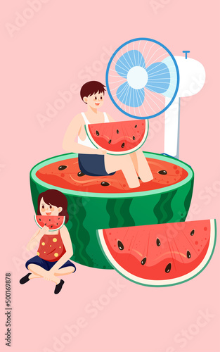 Boy and girl sitting on top of watermelon and eating watermelon with window and fan in background, vector illustration