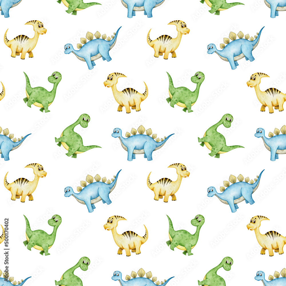 Obraz premium Childish dinosaur abstract seamless pattern. Hand drawn watercolor elements dino kids background. Isolated on white.