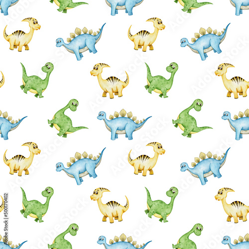 Childish dinosaur abstract seamless pattern. Hand drawn watercolor elements dino kids background. Isolated on white.