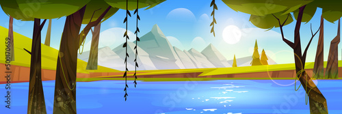 Mountain valley with lake, forest, coniferous trees, and sun in sky. Vector cartoon illustration of summer landscape with tropical trees with lianas, green grass on river shore, and rocks on horizon