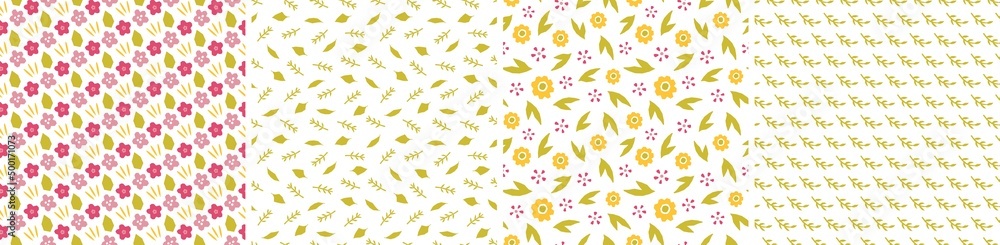 Set of vector seamless patterns. Floral and abstract shapes