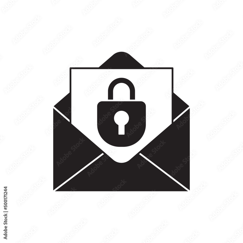 Locked mail icon in black flat glyph, filled style isolated on white background Locked mail icon in black flat glyph, filled style isolated on white background