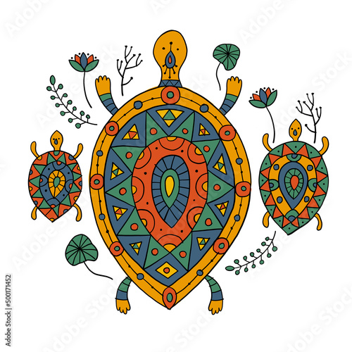 Cute Turtle family in ethnic ornament style. Tortoise with chidren. Floral decor background. Art isolated on white