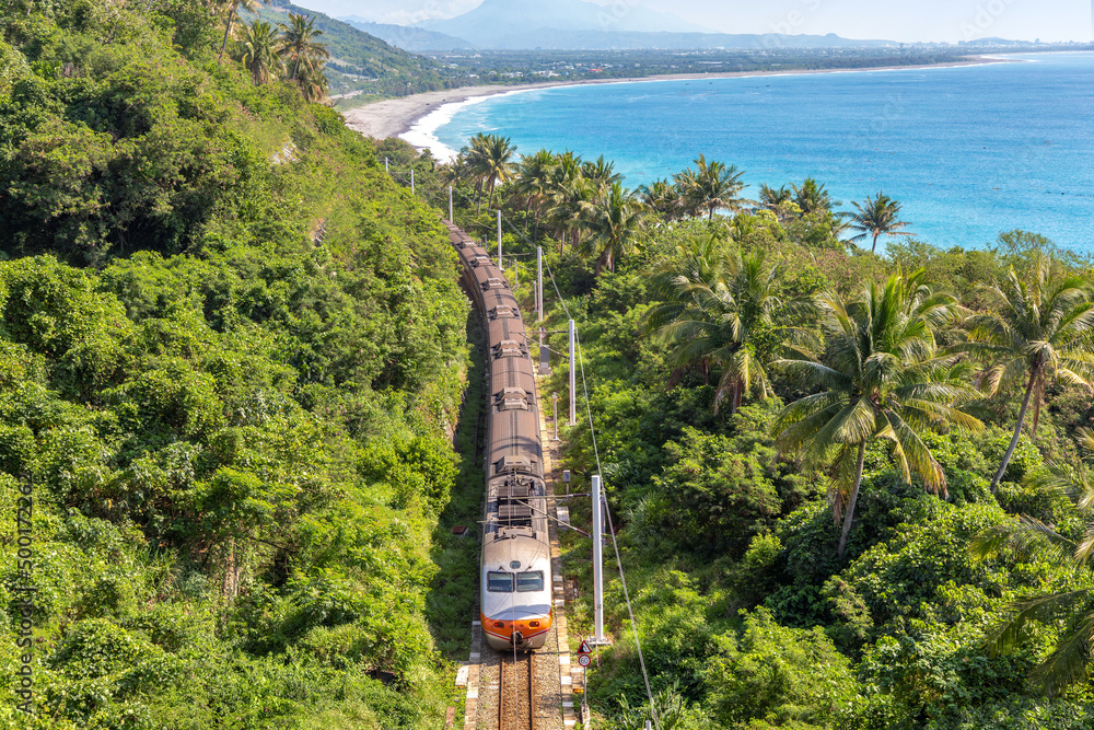 Train approaching the Taimali in Taitung, Taiwan