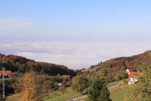 Blick von Sasbachwalden im Schwarzwald und das Wolken bedeckte Rheintal	 photo