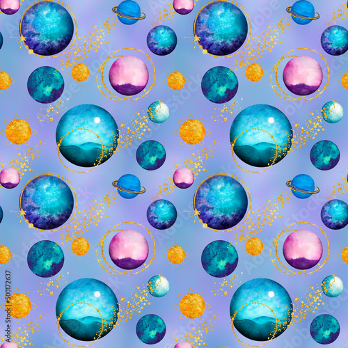 Seamless pattern, print for packaging and textiles. Space, planets, golden crescent digital paper. Endless decorative background. Ideal for textiles and scrapbooking.