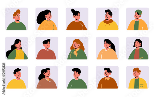 People avatars, square icons with faces of young and adult male and female characters. Men or women with black and brown hair color, human portraits for social media, isolated line art flat vector set