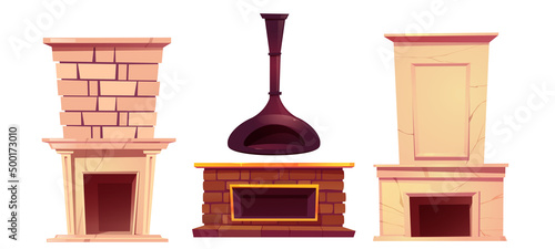 Home fireplace, interior chimneys set. Indoors stoves in traditional, vintage, classic and modern style, heating system of brick or marble stones, isolated design elements, Cartoon vector illustration
