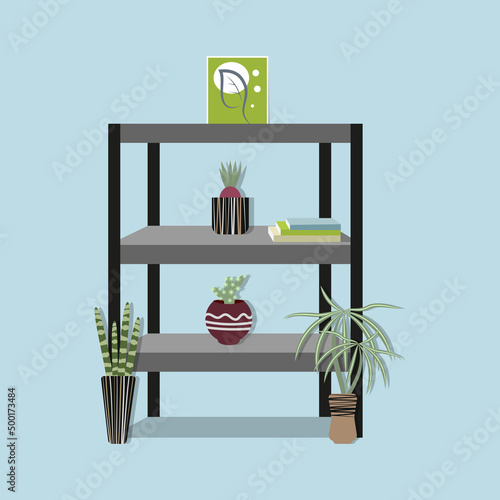 Shelving with books, indoor plants in Scandinavian interior and stylish decor. Flat-style illustration isolated against a white background. Cosy furnished room